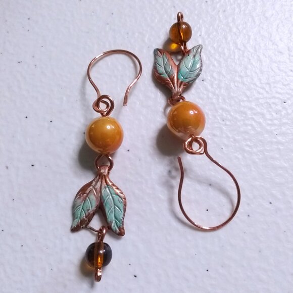 Handmade Copper Leaf Earrings ~ Patina Painted Fall Jewelry with Beaded Accents - Picture 3 of 10